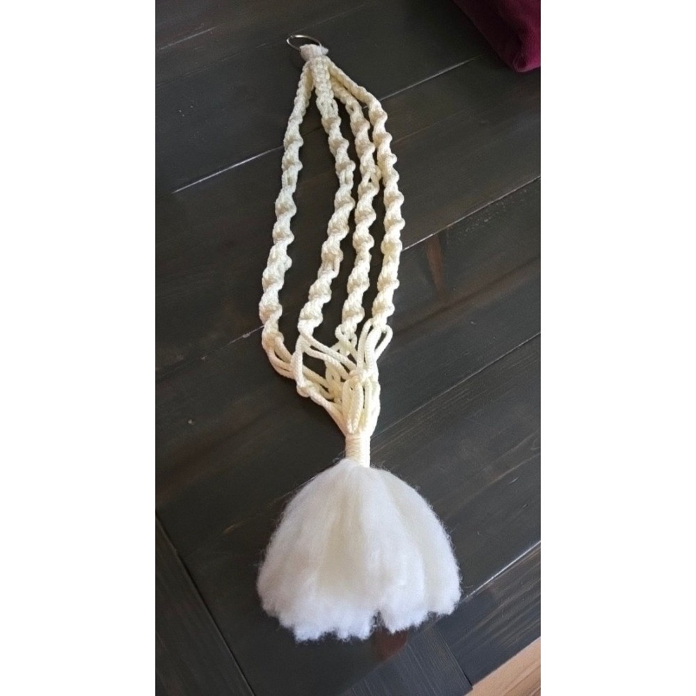 Vintage Macrame Plant Hanger Ivory Spiral Knot Boho Decor with Fluffy Tassel 31"